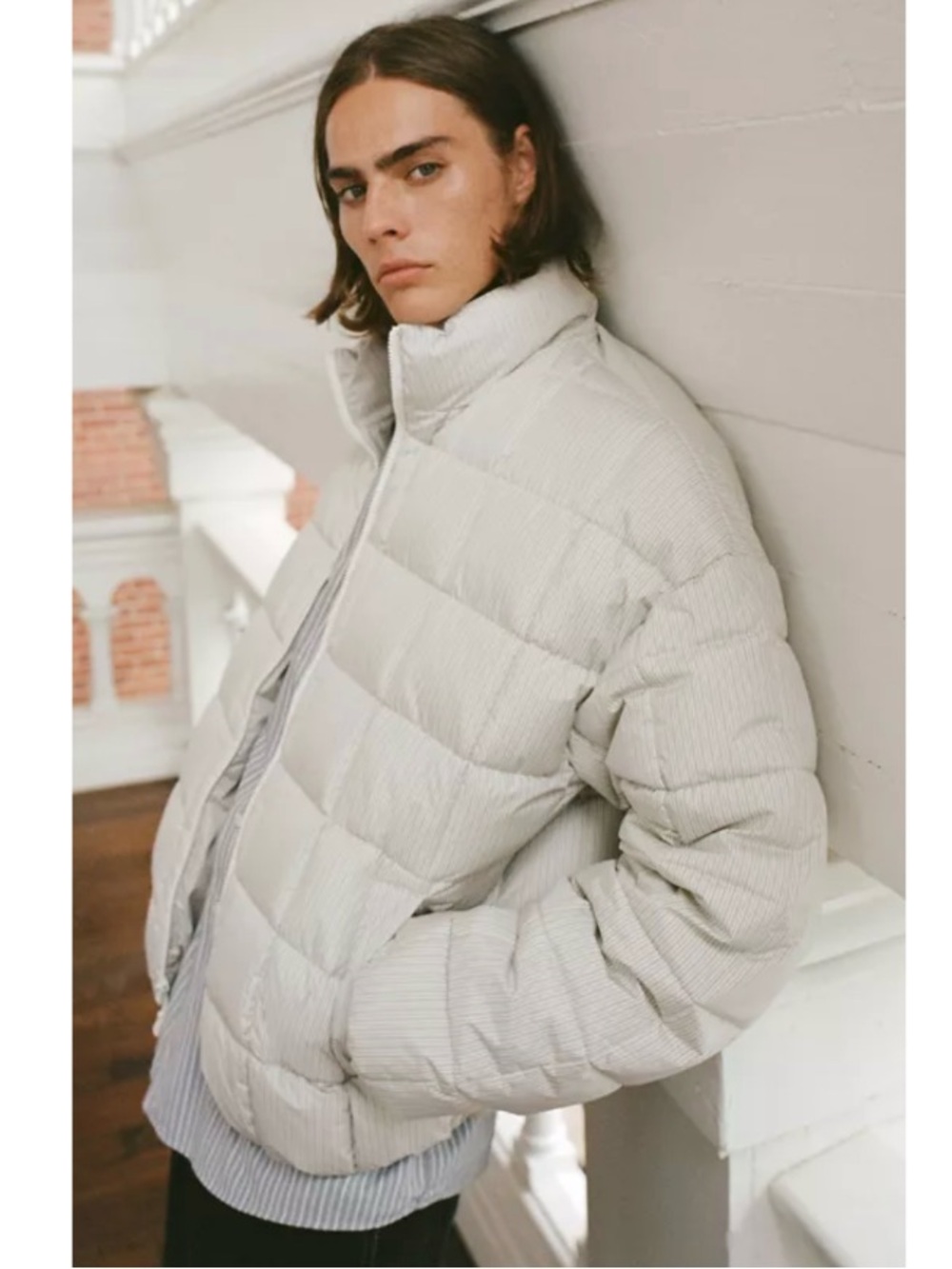 NWOT Men's Urban Outfitters Striped Puffer Coat Winter Jacket Outdoor Grey Large